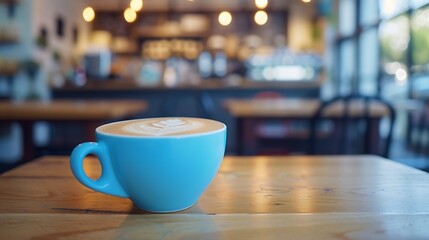 Generative AI : Coffee in blue cup on wooden table in cafe with lighting background