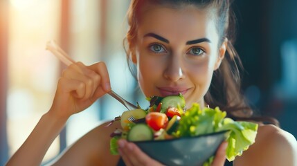 Generative AI : Beautiful fit woman eating healthy salad after fitness workout
