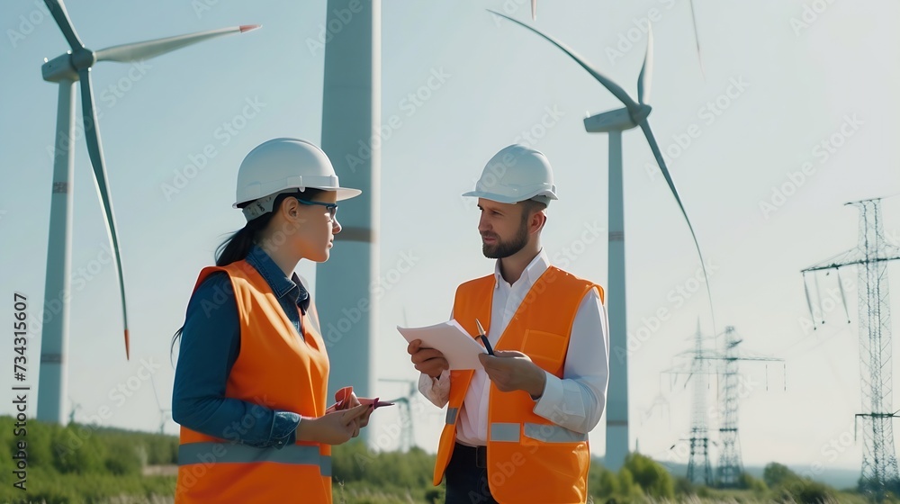Poster generative ai : two professional maintenance engineers in safety workwear using laptop checklist win
