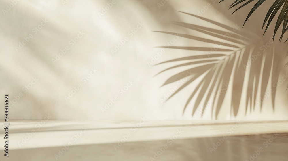 Poster generative ai : minimal product placement background with palm shadow on beige plaster wall.