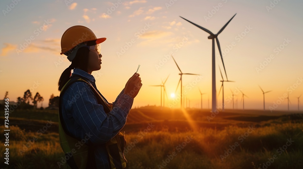 Poster Generative AI : Young engineers looking and checking wind turbines at field