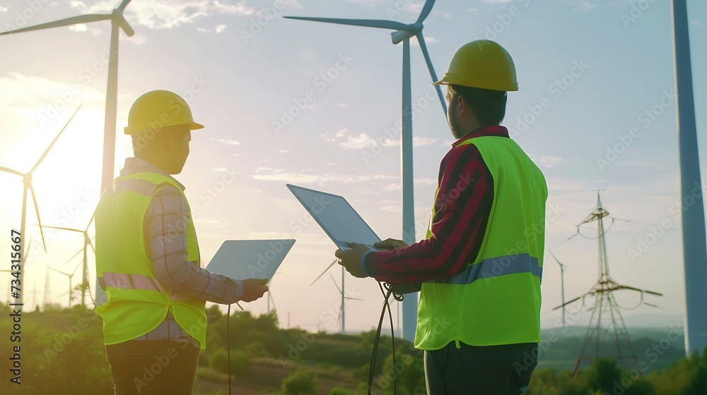 Poster Generative AI : maintenance engineers in safety workwear using laptop checklist wind turbine on windmill