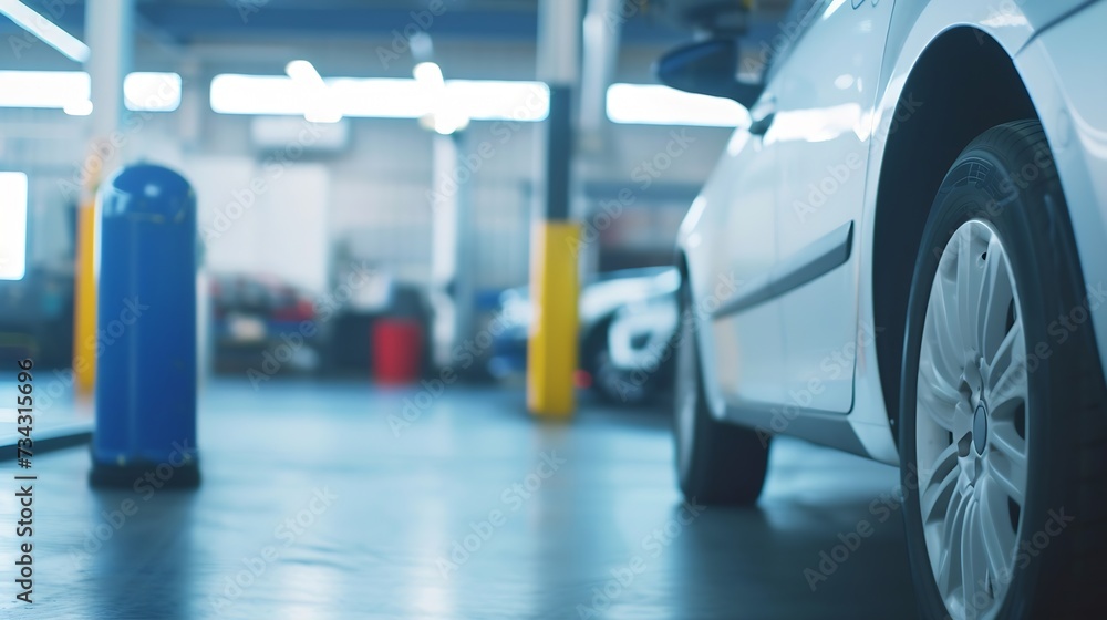 Poster generative ai : car repair station with soft-focus and over light in the background