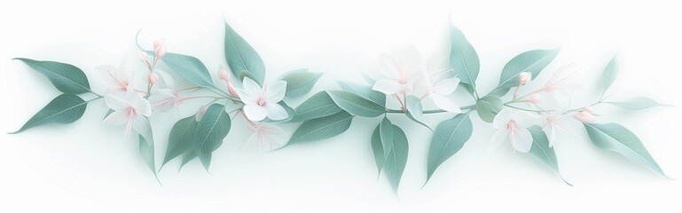 Clean background for bookmarks and header of herbal medicine sites. Panoramic banner with soft light, ethereal white flowers, medicinal herbs. Blooms and leaves for alternative medical cures