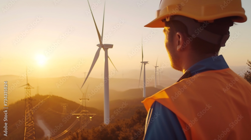 Poster Generative AI : Power engineer are working with wind turbines.