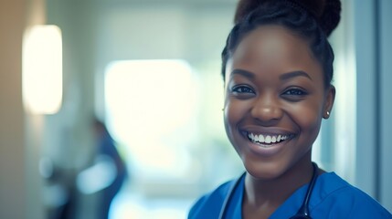 Fototapeta premium Generative AI : Portrait Of Smiling Female Doctor Wearing Scrubs With Stethoscope In Hospital Office