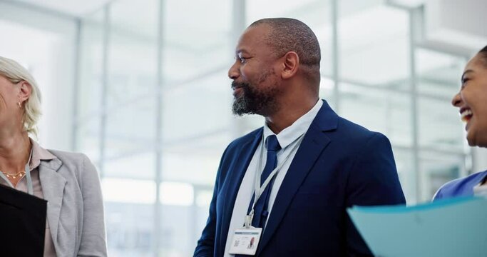 Pharmaceutical representatives, salesman or nurse in clinic or hospital for medicine or schedule planning. People in meeting, laughing or funny healthcare medical officers speaking of research report