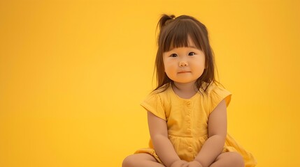 Generative AI : image full body of asian little girl posing on a yellow background