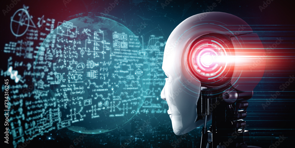 Poster xai 3d illustration humanoid ai robot looking at hologram screen in concept of math calculation and 