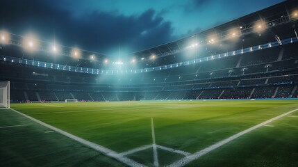 Generative AI : soccer field and stadium with fans the night before the match.