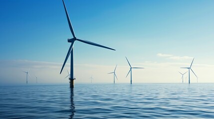 Fototapeta premium Generative AI : Offshore wind turbines farm on the ocean. Sustainable energy production, clean power.