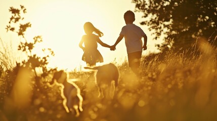 Generative AI : children hold hands brother sister run across the field silhouette summer in the park. 