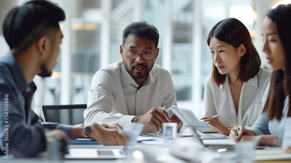 Poster Generative AI : Successful multiethnic business people presenting analytical report while working together in office