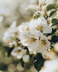 A close-up view of delicate apple blossoms in a blossoming orchard, symbolizing the promise of abundant fruit and the beauty of April