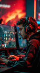 Fototapeta na wymiar Professional gamer in headphones playing game tournament. Cybersport concept