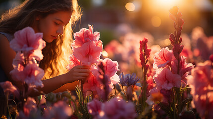 A young girl admiring the beautiful pink and red Gladioli flowers at full bloom in the Spring