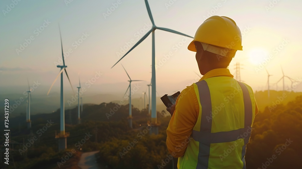 Poster Generative AI : Power engineer are working with wind turbines.
