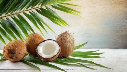 Palm leaves with coconuts on bright table