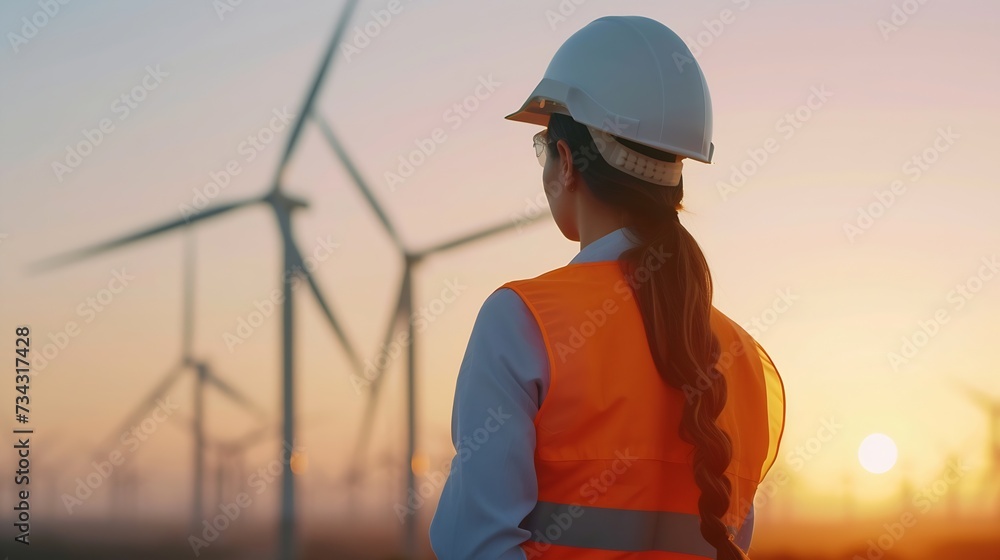 Poster generative ai : back view of woman engineer standing against turbines on wind turbine farm.