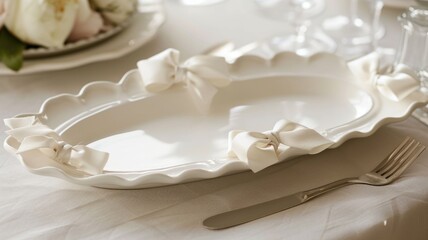 Fototapeta na wymiar white porcelain serving dish delicately tied with multiple small satin bows,Elegant Ceramic Platter with Ribbon Detailing
