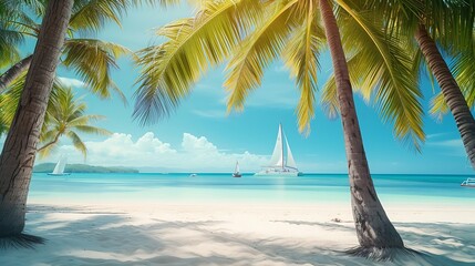 Generative AI : Beautiful landscape of tropical beach. Coconut palm trees, sea, sailboat and white sand. 