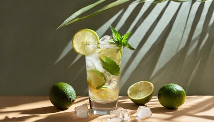 Cold Mojito cocktail with rum, lime, ice cubes and mint. Tropical palm leaf shadow. Sunlight and shadow background.
