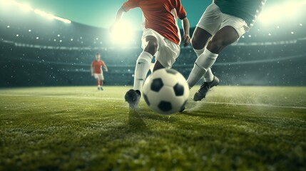 Obraz na płótnie Canvas Generative AI : Two soccer football player dribbling a ball during match in the stadium