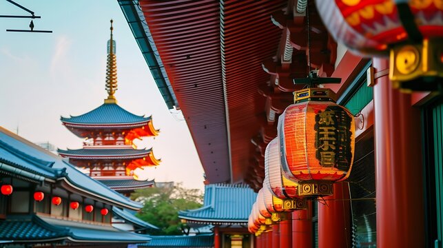Generative AI : Sensoji Temple in morning, symbolized by large red lanterns and 5-story pagoda with light, are a popular destination.