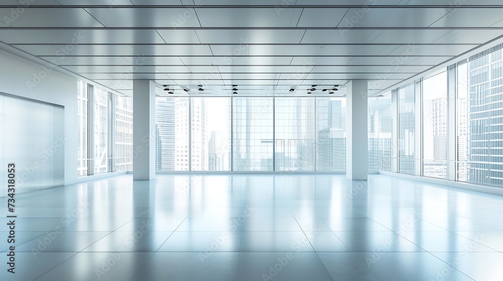 Poster generative ai : empty ground floor with modern cityscape and office buildings.