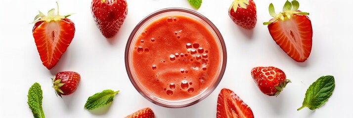 strawberry smoothie on white background, top view