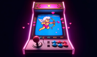 Retro Cupid Arcade Game, space for text. Generative AI