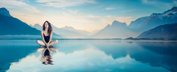 femme assise en tailleur sur l'eau, en train de méditer - obrazy, fototapety, plakaty