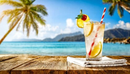 Cold summer drink on wooden table. Free space for your decoration. Ocean landscape with palms and summer sunny day.