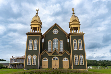 The twin belfries of the 1909 church, which today houses the Musée Culturel du Mont-Carmel in Grand Isle, Maine. Maine Acadian Culture affiliated area of National Park Service. 