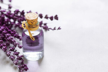 Glass bottle of Lavender essential oil with dried lavender flowers and seeds on white table, aromatherapy spa massage concept. Lavendula oleum
