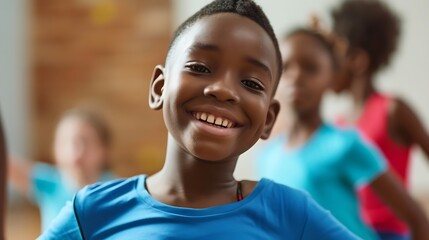 Generative AI : Portrait of smiling african boy showing dance elements during group class in dance center