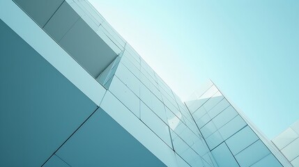 Fototapeta na wymiar Generative AI : Modern geometric Building against blue Sky in perspective side view