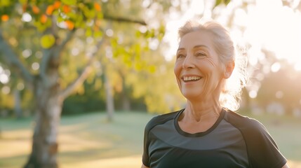 Generative AI : Smiling active senior woman jogging running and walking doing fitness in the park