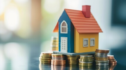 Generative AI : Miniature colorful house on stack coins using as property and financial concept