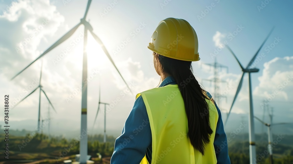 Poster generative ai : back view of woman engineer standing against turbines on wind turbine farm.