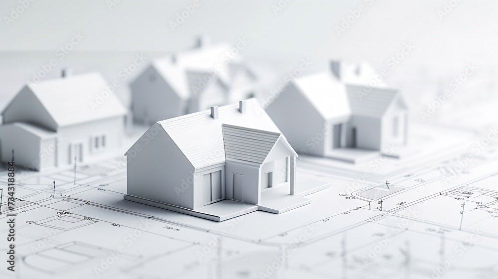 Poster generative ai : architectural model of houses on blueprint draw, isolated on white background