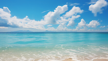Idyllic tropical coastline, clear sky, tranquil wave, sandy beach generated by AI