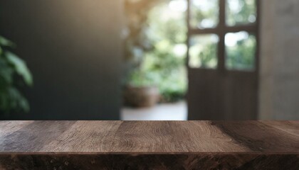 Wooden desk of free space and kitchen interior