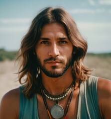 Closeup of young man with long hair and multicolored clothes, typical clothing of the hippie movement of the 60s - obrazy, fototapety, plakaty