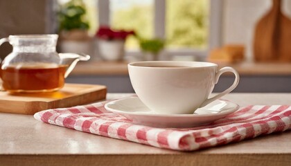 Kitchen desk on napkin with cup of coffee or tea and white tablet