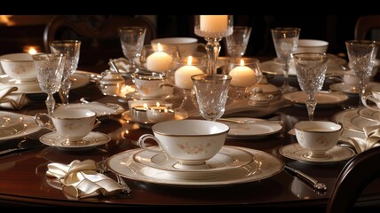 Classic tea table setting with golden sparkle and floral china with soft glow of candlelight illuminating, creating an atmosphere of warm elegance