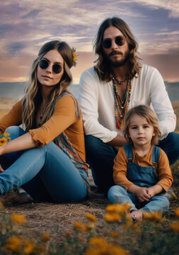A young family of hippies with long hair and multicolored clothes, typical clothing of the hippie movement of the 60s