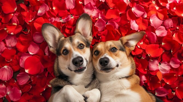 two dogs lying on a bed of red flower petals as a background generative ai