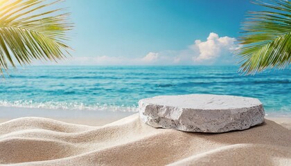 Fototapeta na wymiar Summer sand and tropical sea background with abstract stone podium