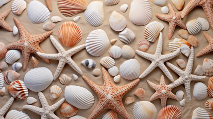 Assorted Seashells and Starfish on Sandy Background